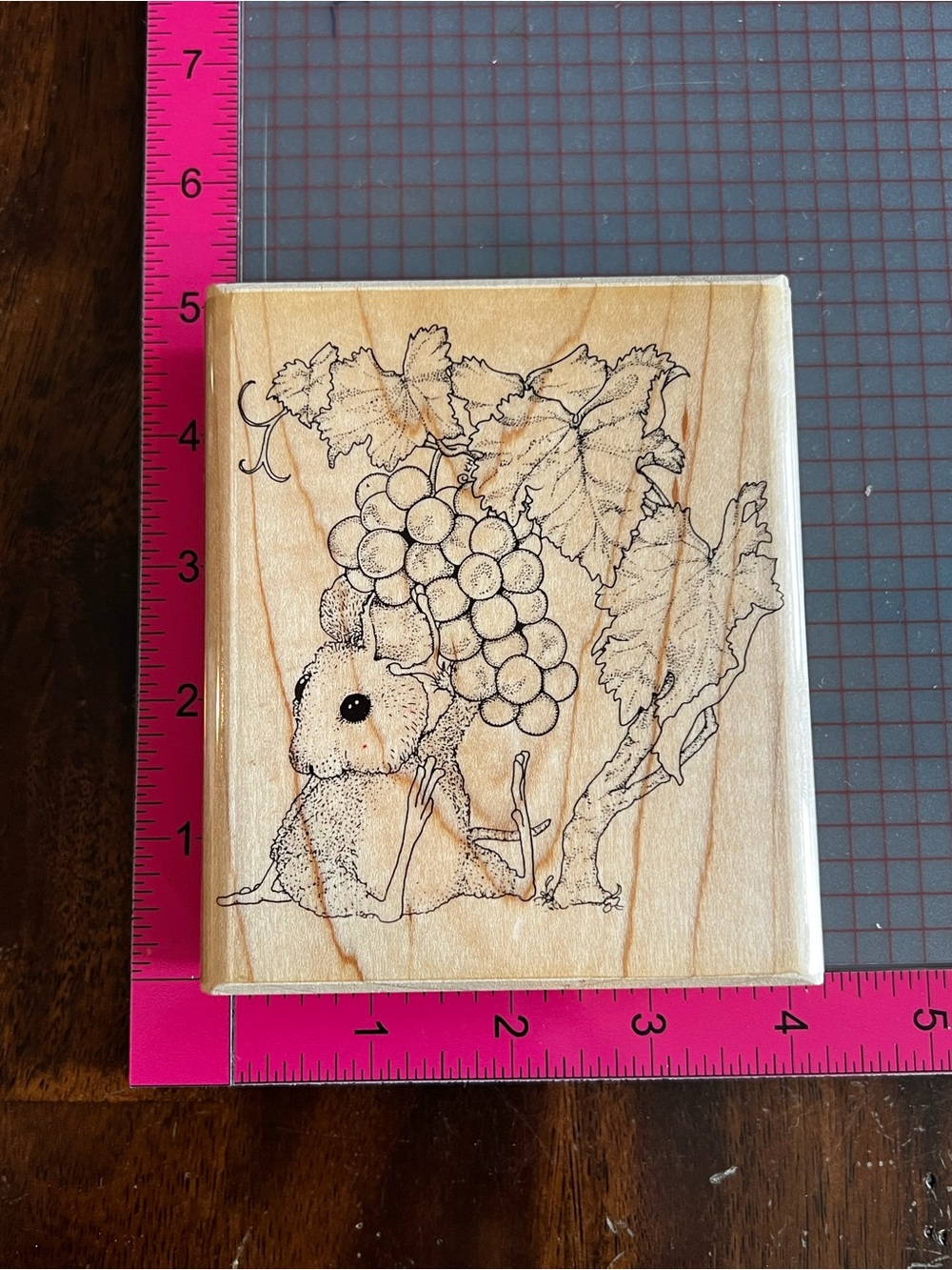 Wooden Craft Stamp with Mouse and Grapes Illustration - Natural Wood